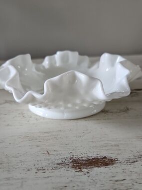 White Ruffled Fenton Hobnail Milk Glass Bowl